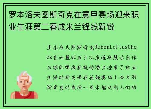 罗本洛夫图斯奇克在意甲赛场迎来职业生涯第二春成米兰锋线新锐